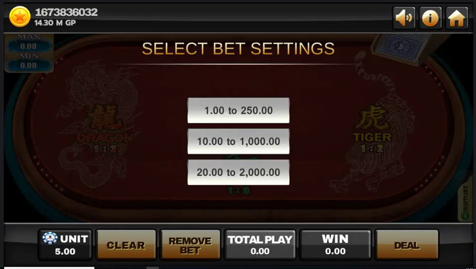 Joker123 Dragon Tiger red table with a Select Bet Settings box offering 1 to 250, 10 to 1,000 and 20 to 2,000