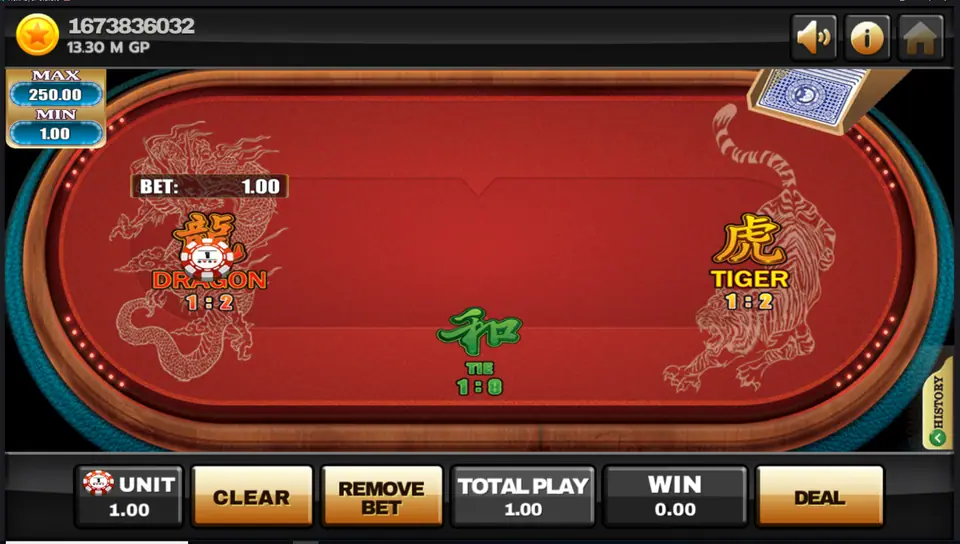 A 1.00 bet placed on Dragon with the Deal button active