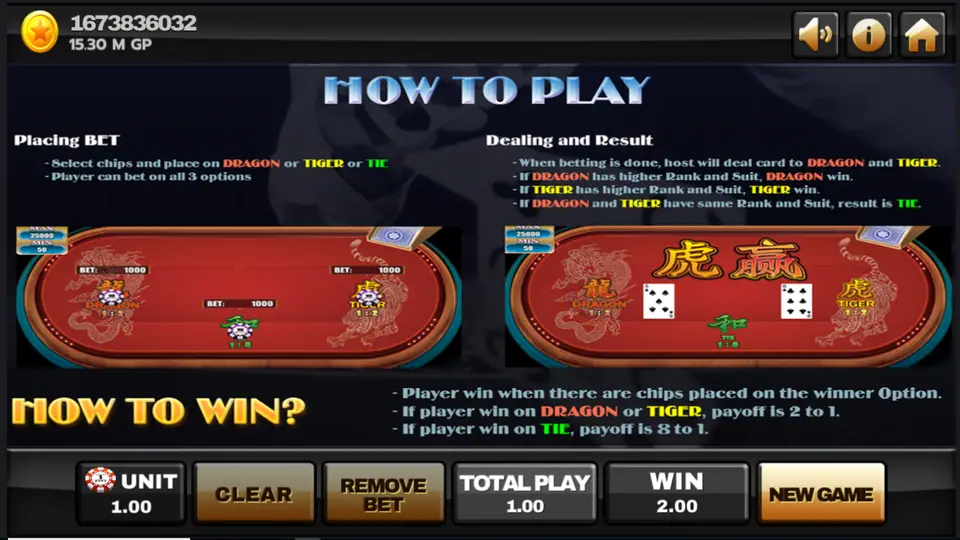 How to Play page for Joker123 Dragon Tiger explaining bets, dealing and payouts