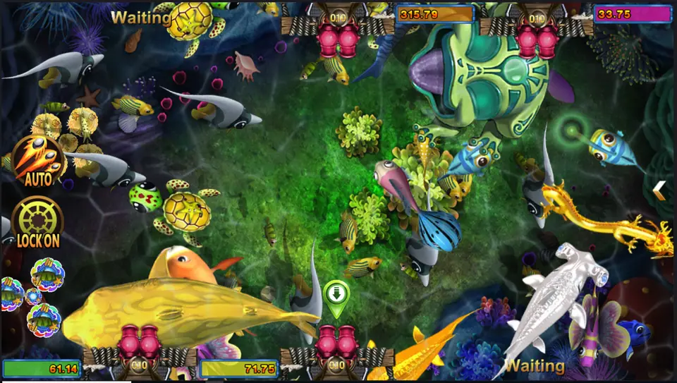 Golden Toad fish shooting screen with a giant green toad, turtles, a golden fish and a silver sawfish around four cannon seats