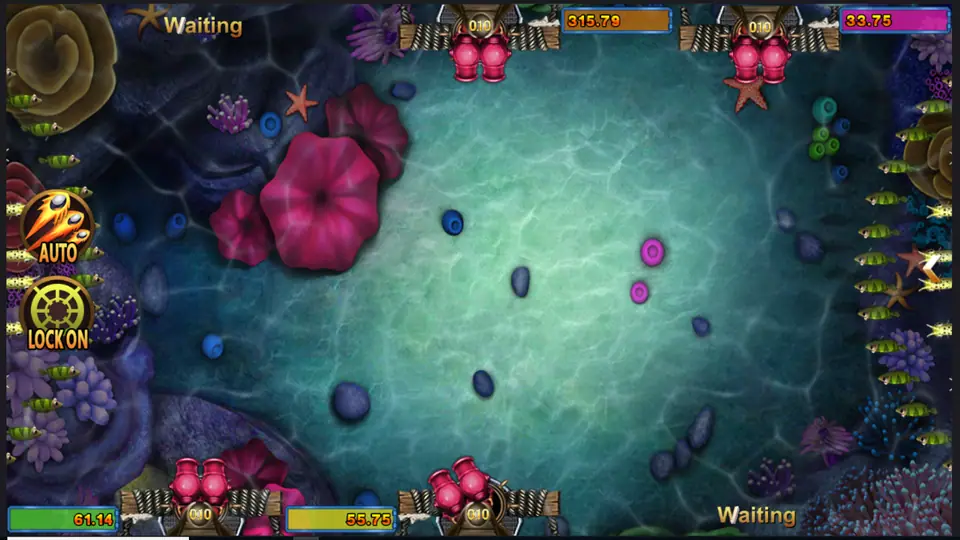 Empty Golden Toad tank between waves, with pink anemones and cannons waiting