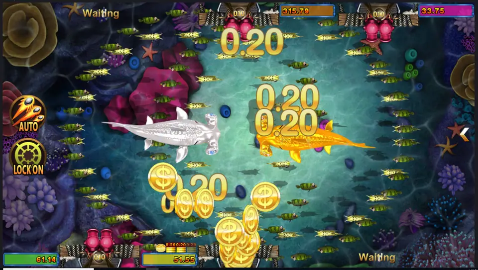 A formation wave of small fish with several 0.20 wins and gold coins on screen