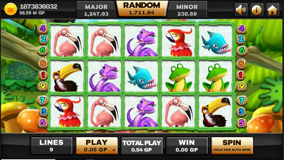 Jungle Island slot reels on Joker123 with flamingos, a purple snake, parrots, piranhas, a toucan and frogs, jackpot meters above