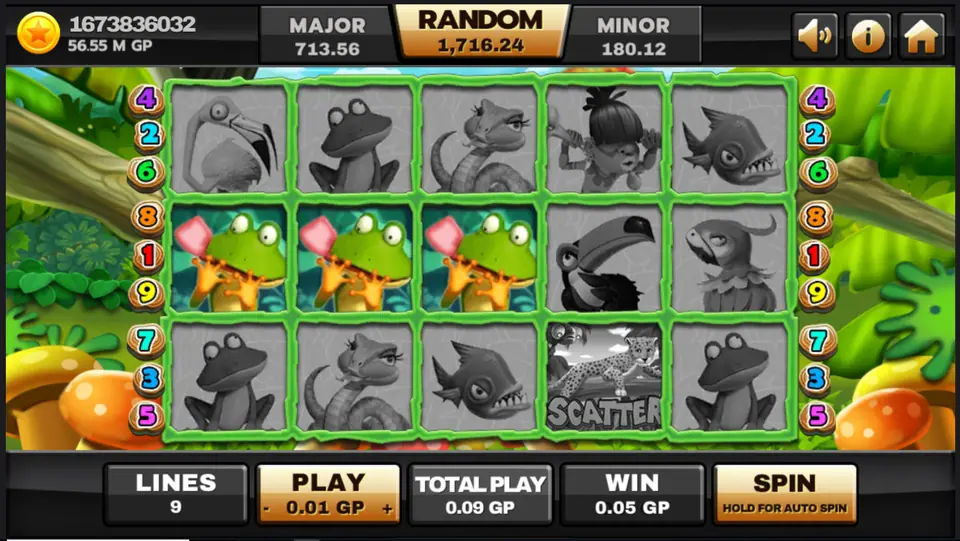 Three frog symbols winning on the middle row of Jungle Island