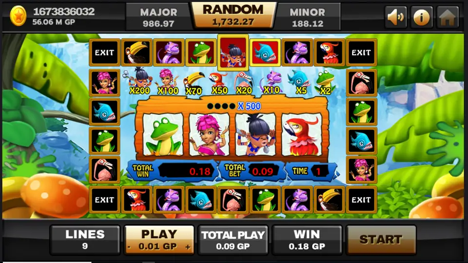 Jungle Island ring bonus with animal squares, EXIT corners, four centre reels and multipliers up to x500