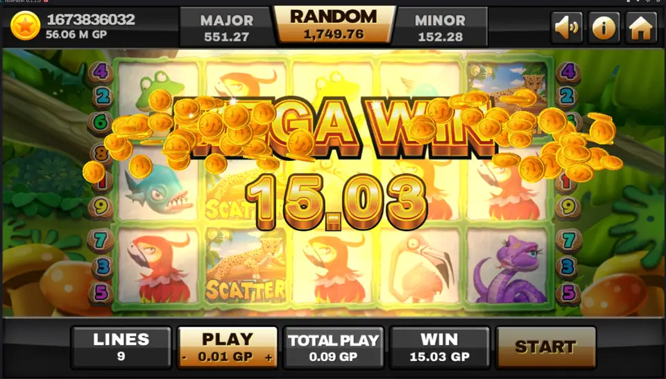 Mega Win of 15.03 in Jungle Island with coins over the reels