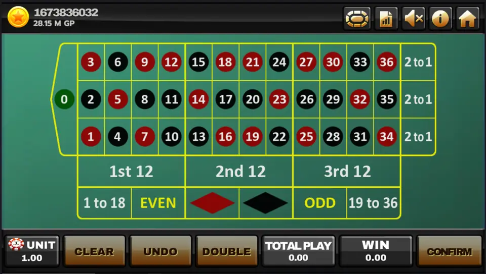 Lucky Roulette betting layout on Joker123 with numbers 0 to 36, dozens, columns and even-money boxes on green felt