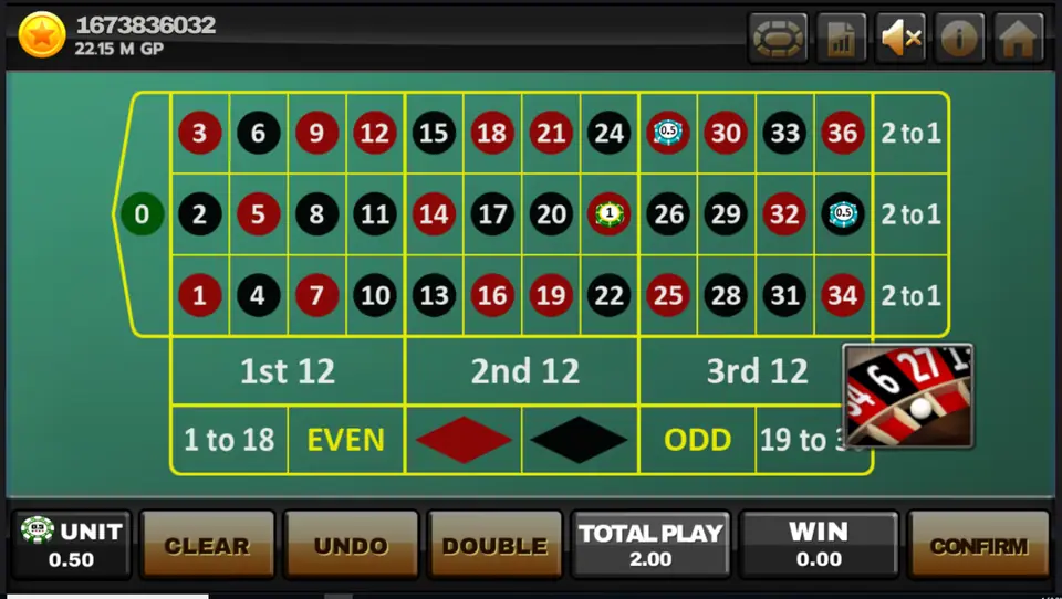 Lucky Roulette layout with 0.50 chips on several numbers and a total play of 2.00