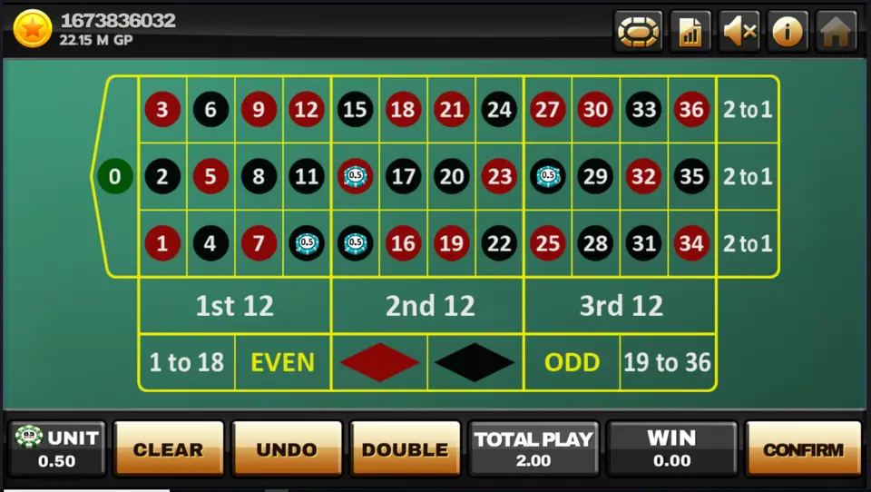 Four 0.50 chips placed on inside numbers ready to confirm