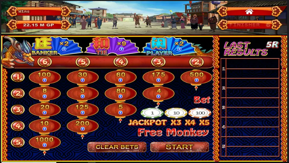Monkey Thunderbolt odds board on Joker123 with red lanterns showing odds for each monkey pair and Banker, Tie and Player fans above