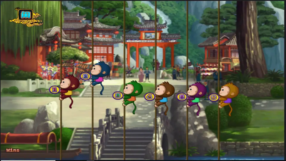 Six numbered monkeys climbing poles in a Chinese village in Monkey Thunderbolt