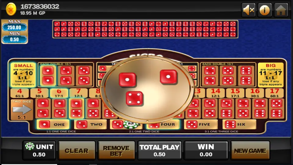 Sicbo dice showing 1, 1 and 4 in the open shaker with winning boxes lit