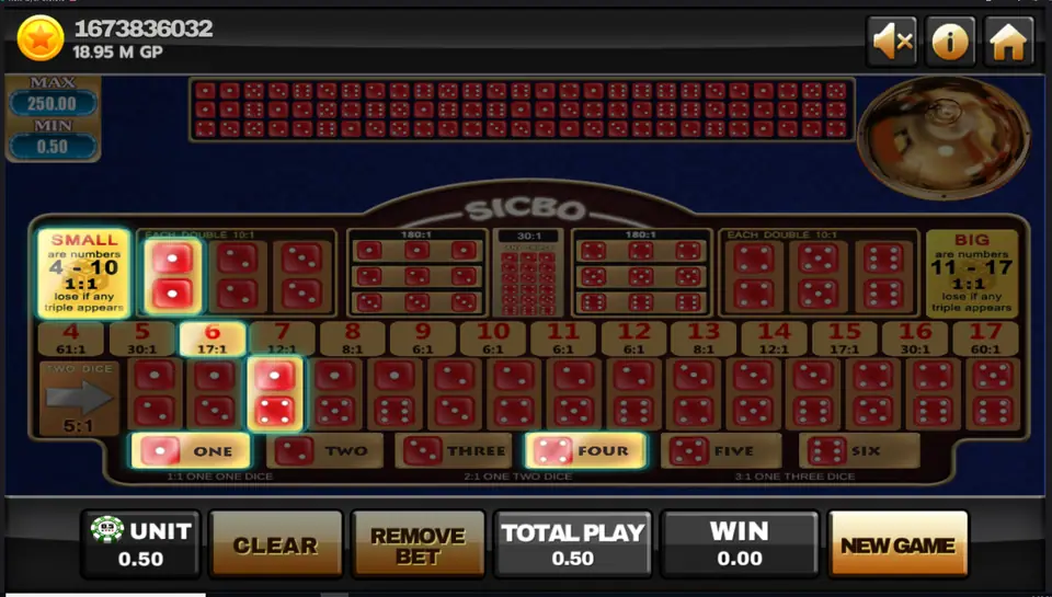 Winning boxes lit after a roll of 1, 1 and 4: Small, total 6, double 1, the 1-4 pair, One and Four
