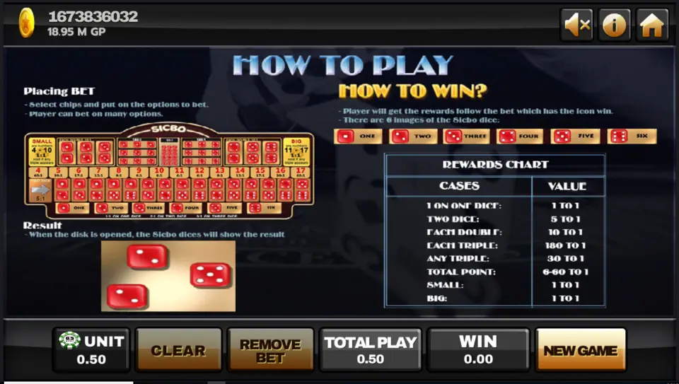 Sicbo How to Play page with a Rewards Chart listing the payouts