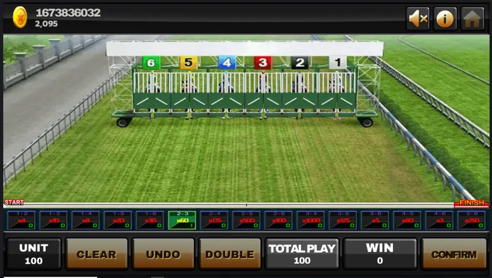 Six horses in the Super Derby starting gate with the quinella strip below