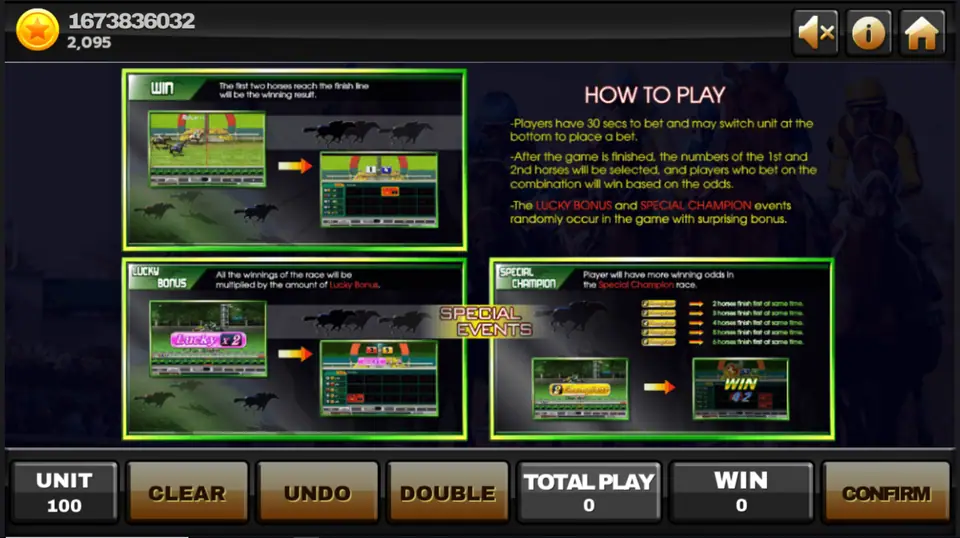 Super Derby How to Play page describing the win rule, Lucky Bonus and Special Champion events