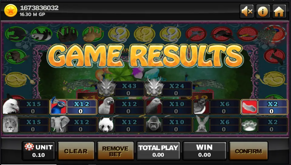 Game Results panel highlighting peacock x12 and the birds x2 bet