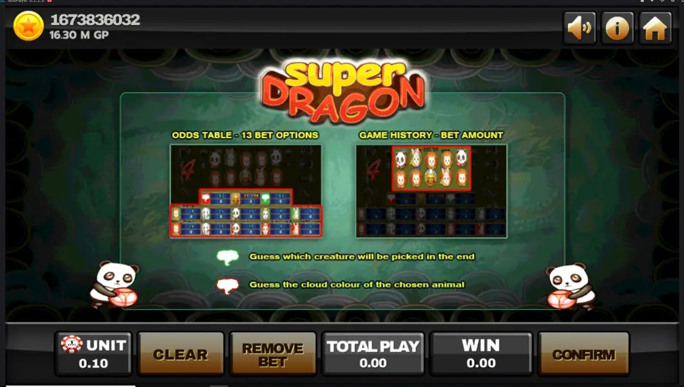 Super Dragon help page showing the odds table with 13 bet options and the game history panel