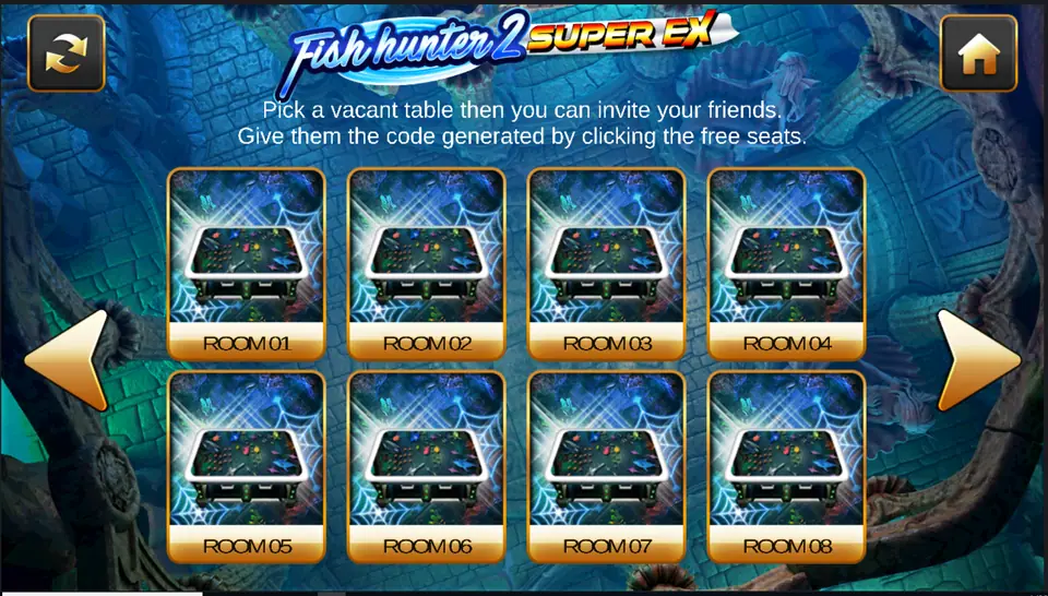 Fish Hunter 2 Super EX room selection screen on Joker123 with Room 01 to Room 08 and a note about inviting friends