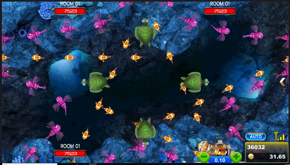 Fish Hunter 2 Super EX table with turtles and clownfish in a formation and the cannon at the bottom right