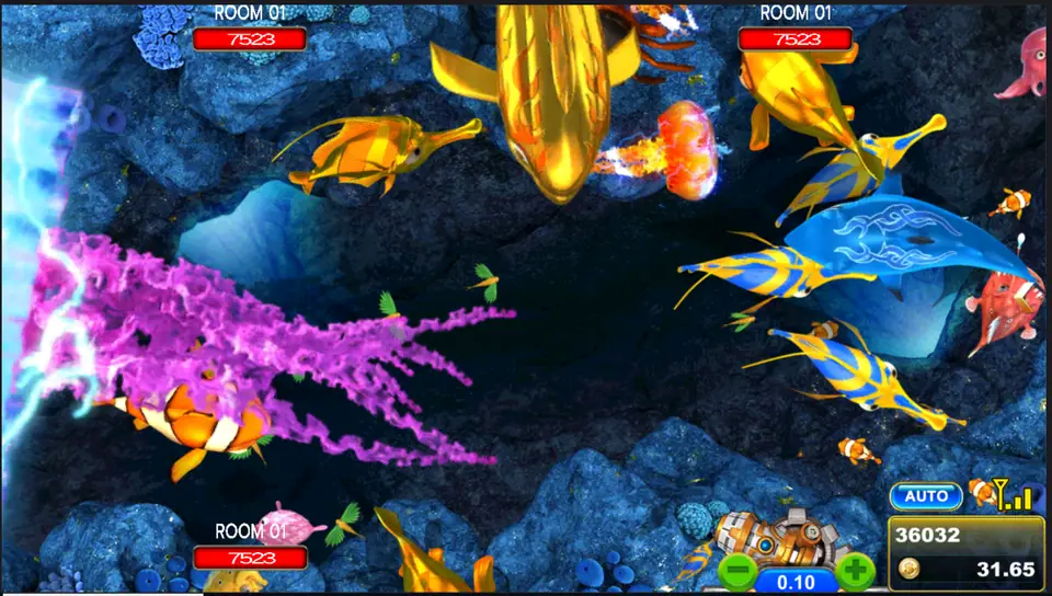 Lightning striking a purple jellyfish swarm while golden fish cross the screen