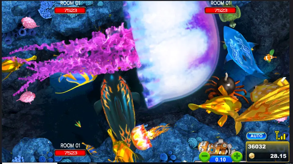 A giant glowing jellyfish filling the screen alongside a golden fish and a blue manta