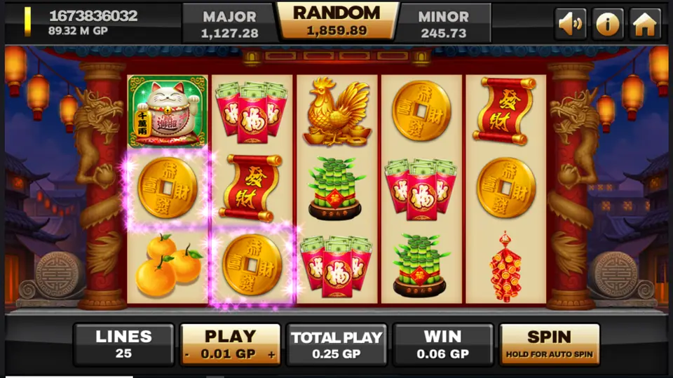 Three gold coins highlighted on a line in Supreme Cai Shen for a 0.06 win