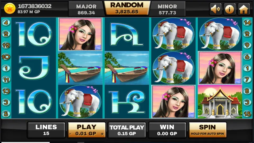 Thai Paradise slot on Joker123 with a woman with a flower in her hair, white elephants, a longtail boat, a temple and Thai-style card letters