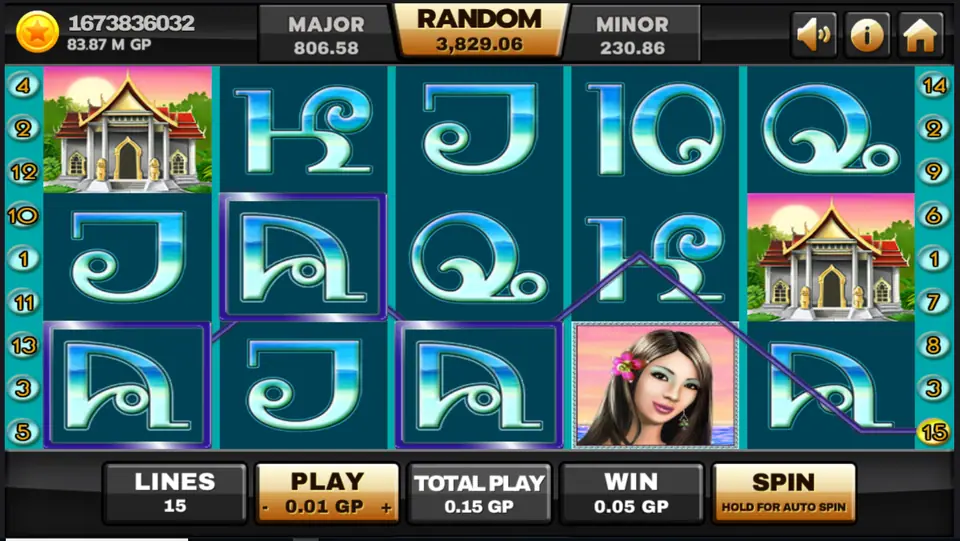 Three A symbols winning on line 15 in Thai Paradise for 0.05