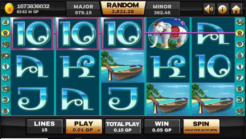 Three 10 symbols across the top row paying 0.05 on line 2