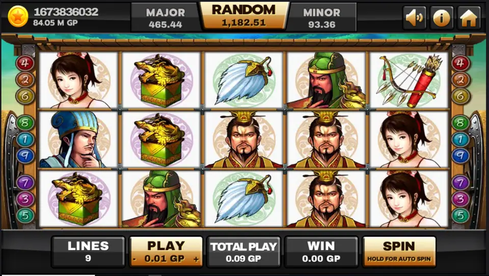 Three Kingdom slot on Joker123 with an imperial dragon seal, a crowned lord, a green-robed general, a feather fan, a bow and a lady on five reels