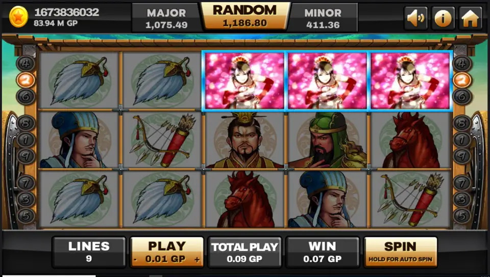 Three animated lady symbols winning on the top row of Three Kingdom