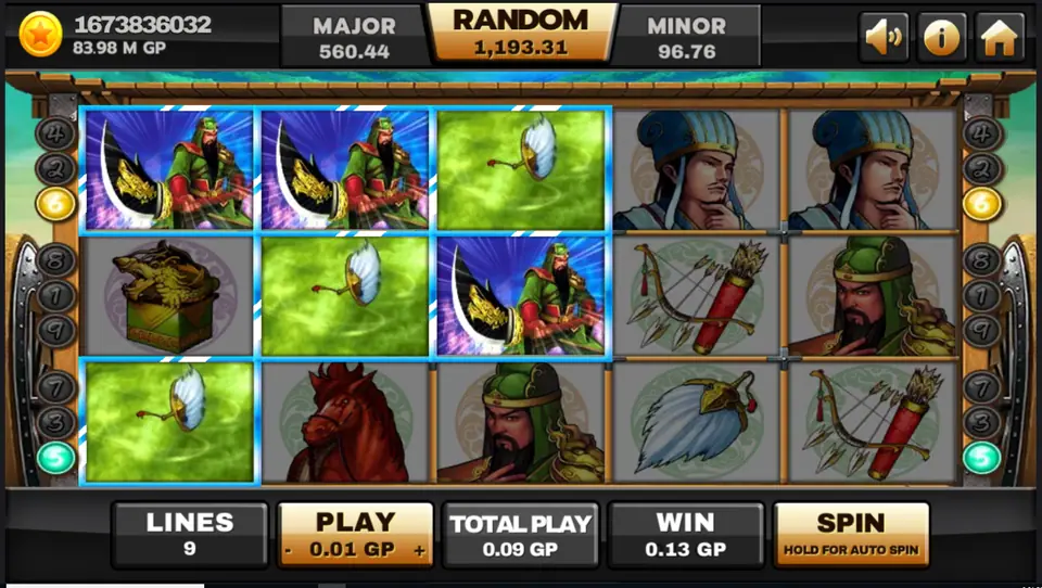 Guan Yu and feather fan symbols animating on a winning line in Three Kingdom