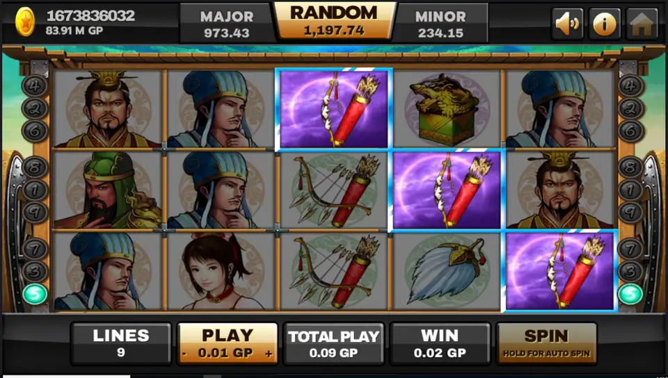 A small win from three bow symbols on a diagonal line in Three Kingdom