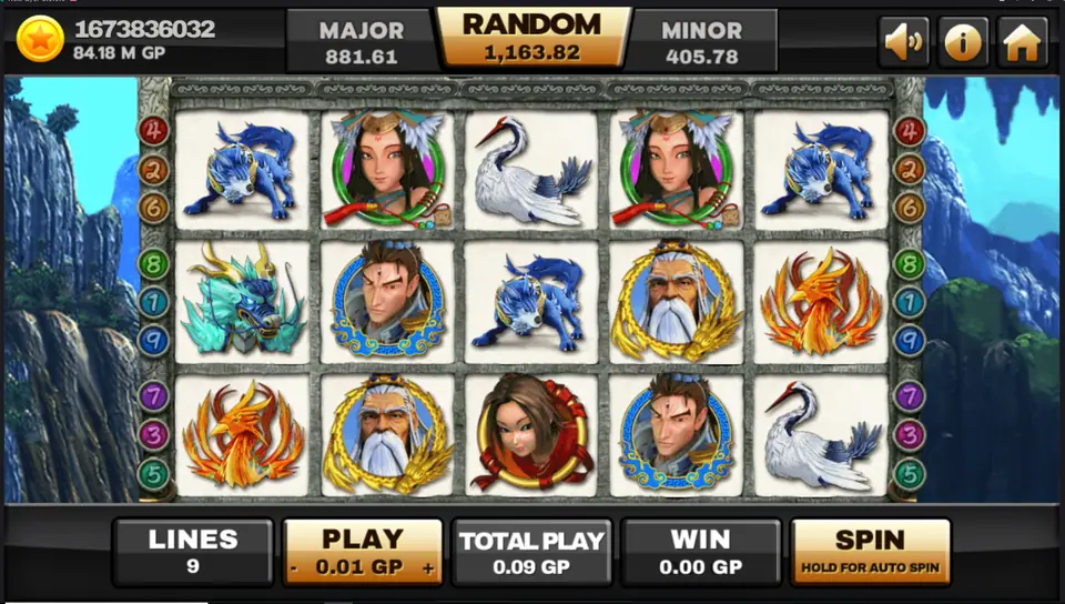 Thun Ten God slot on Joker123 with a white-bearded sage, a feathered heroine, a young warrior, a crane, a phoenix, a jade dragon and a blue beast