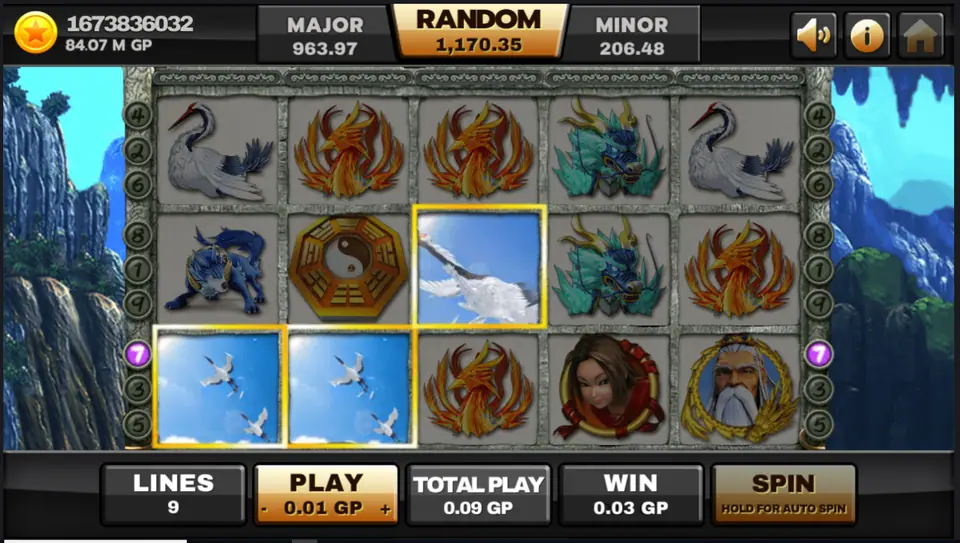 Animated crane symbols on a winning line paying 0.03