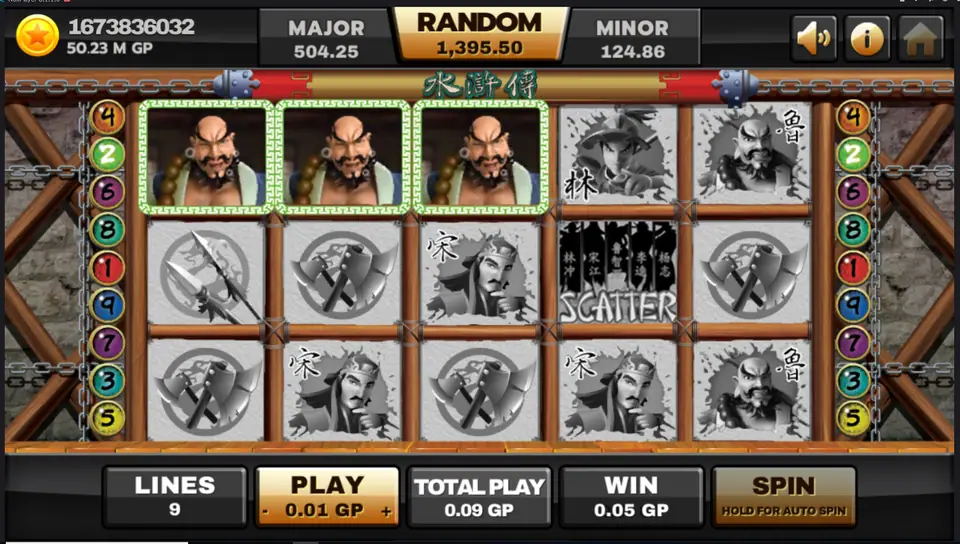 Three animated Lu Zhishen symbols winning on line 2 in Water Margin
