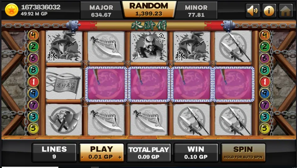 Four matching tiles on line 1 lit pink during a 0.10 win