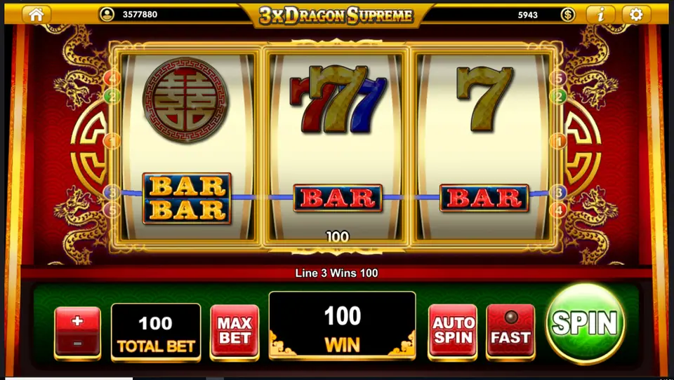 3x Dragon Supreme paying 100 on line 3 with a double BAR and two single BARs