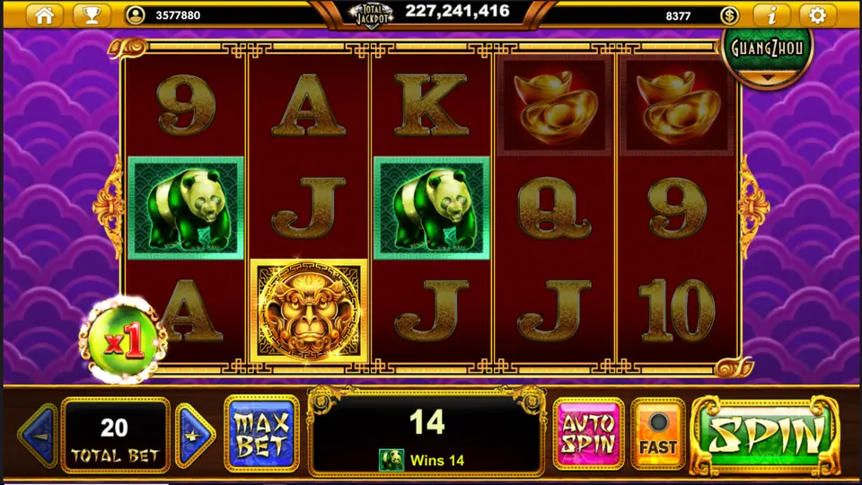 A x1 orb next to a panda win of 14 credits at 20 Total Bet