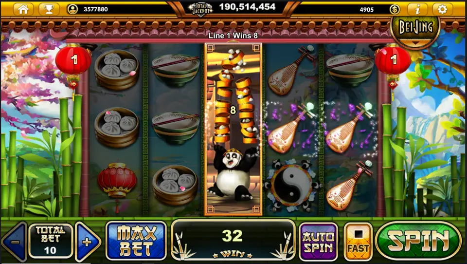 Panda filling reel three and completing a win on line 1 for 8, total win 32 at Total Bet 10