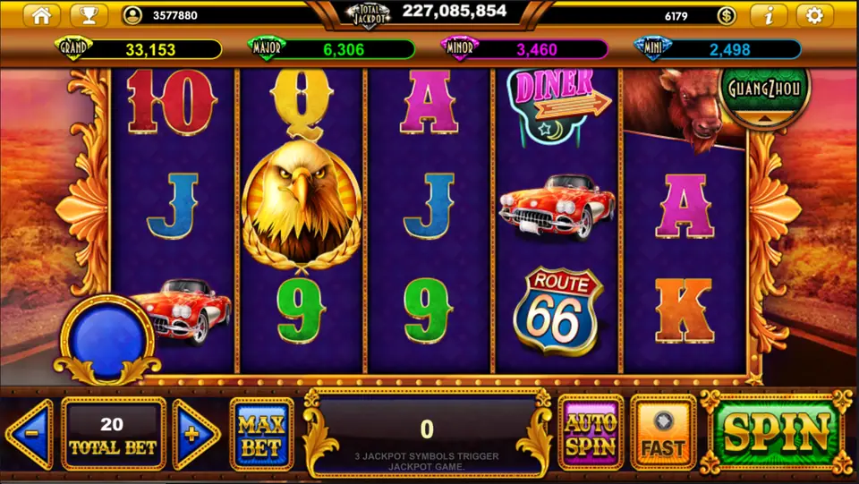 Dreams slot on Live22 with Route 66 sign, Diner neon sign, red convertible, eagle medallion and bison on purple 5x3 reels, with jackpot meters above