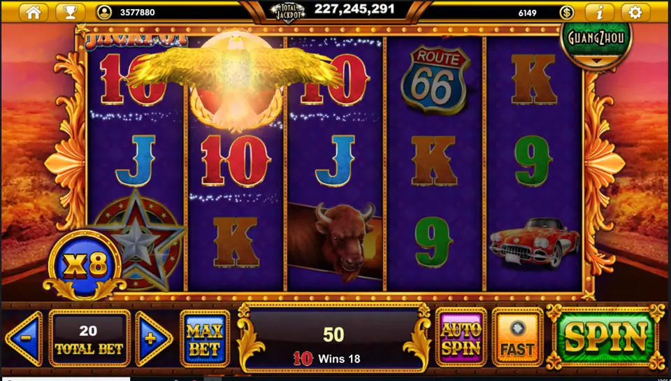 Eagle spreading gold wings over the reels while the orb shows x8 and the win reads 50