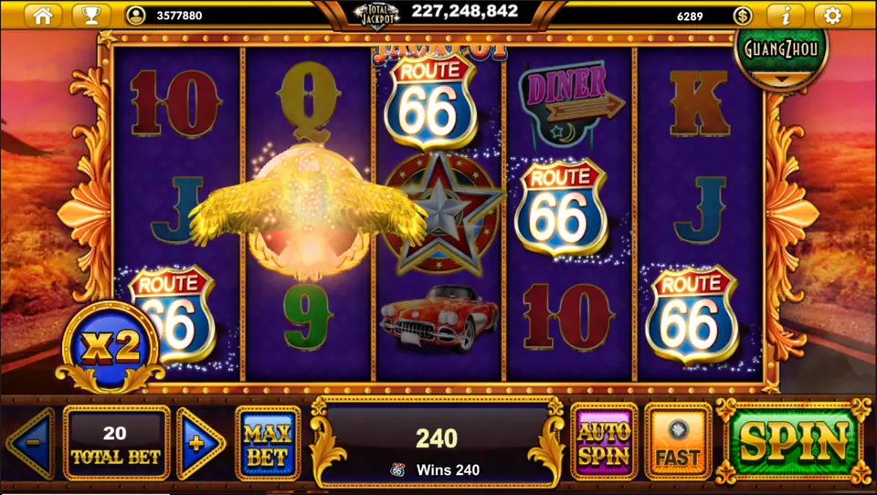 Route 66 shields across the reels with a x2 multiplier and a 240 win at Total Bet 20