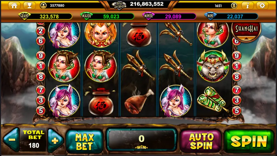 Evil King OX slot on Live22 with cartoon characters, a wine jar, a drumstick, a trident and an ox-demon mask on 5x3 reels, line markers 1 to 9 and a Shanghai badge