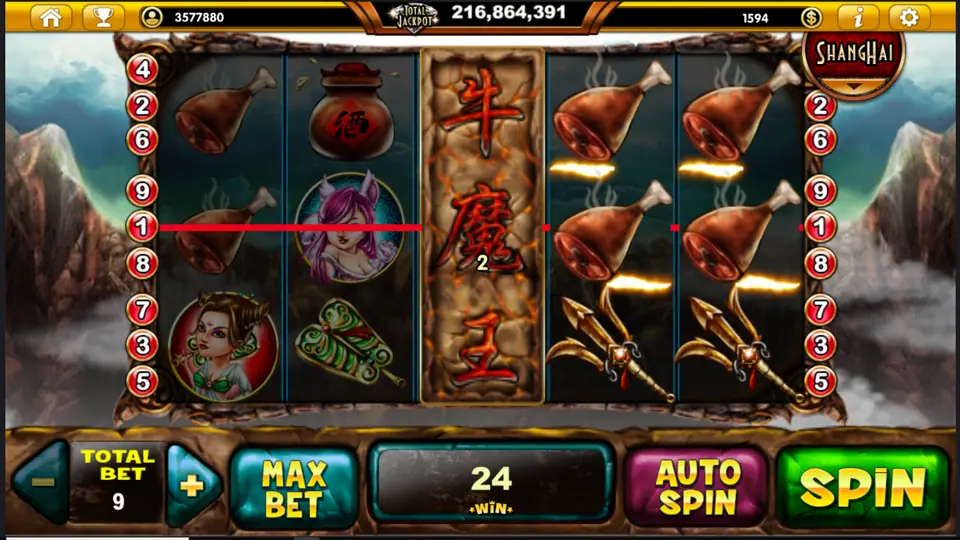 Niu Mo Wang wild covering reel three with drumsticks linking on line 1 for a 24 win at Total Bet 9