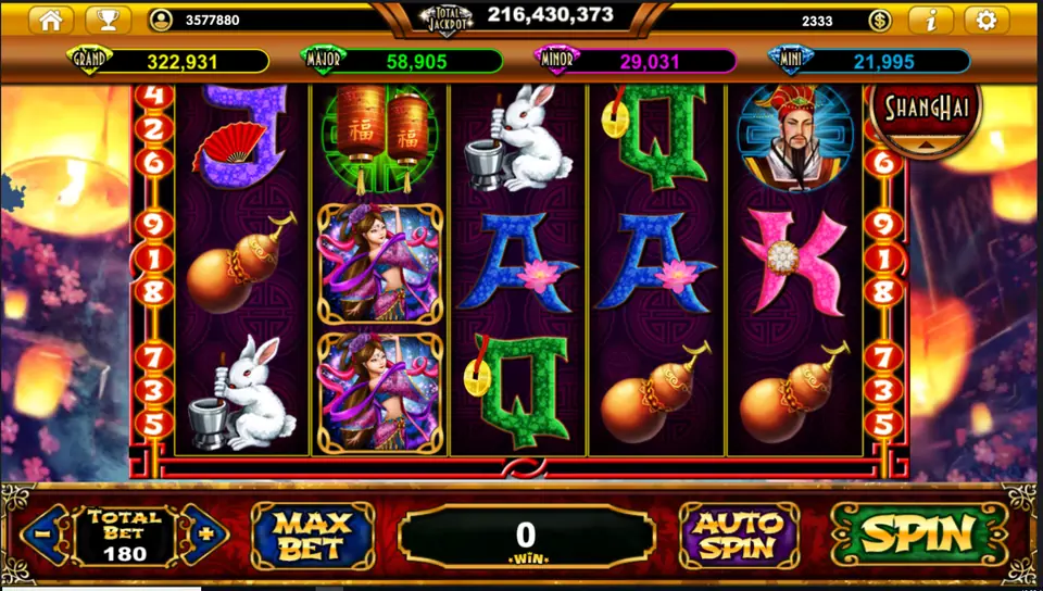 Fairy Moon Goddess slot on Live22 with the moon goddess stacked on reel two, a jade rabbit, lanterns, gourds, an emperor portrait and ornate card ranks under jackpot meters