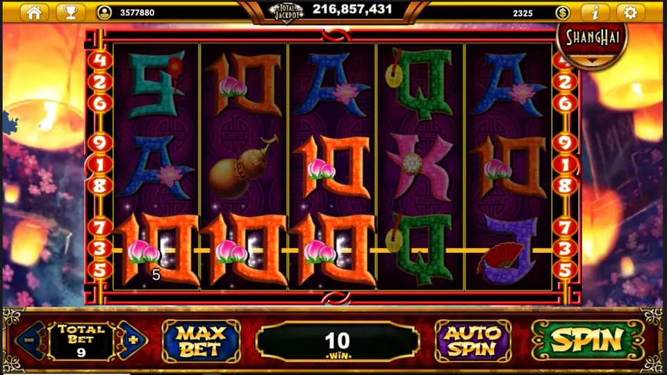 Three orange 10s on line 3 paying 5, with a total win of 10 at Total Bet 9