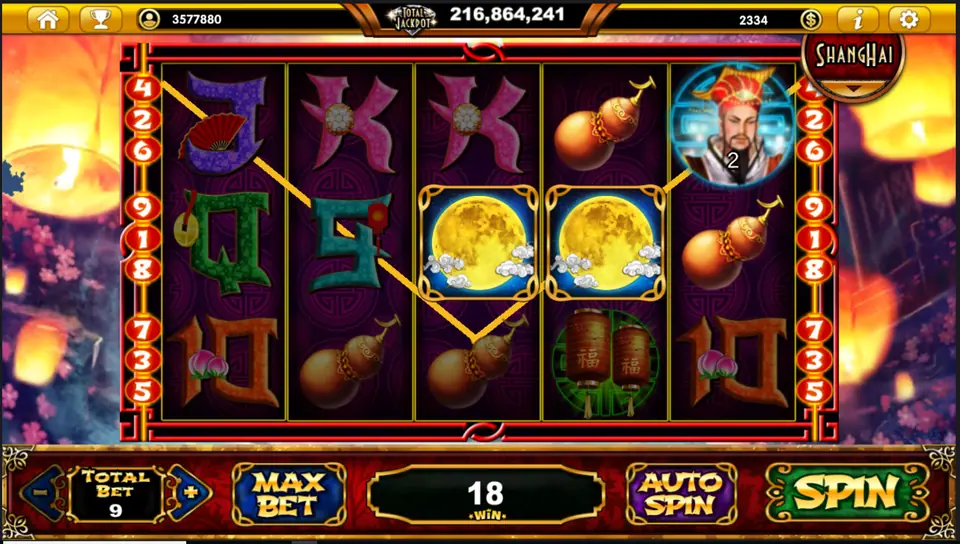 Two full-moon tiles and the emperor portrait on a zig-zag line for an 18 win