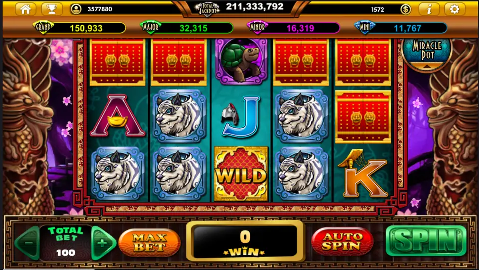 Fu Lai slot on Live22 with red treasure chests, white tiger tiles, a turtle and a red WILD tile on 5x3 reels between two carved dragon pillars, Miracle Pot badge top right